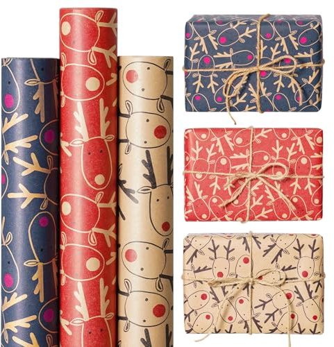 Koncci Geschenkpapier Weihnachten, 3 Rollen 70cm X 5m Recycelbares Weihnachtsgeschenkpapier, Kraftpapier mit Festlichem Elchmuster, füR Weihnachten, Geburtstag, Geschenkverpackung (Braun Blau Rot)