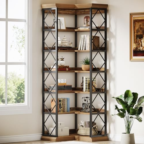 Tribesigns Eck-Bücherregal, großes modernes Eck-Bücherregal mit Rückwand, hohes Eckregal, Aufbewahrungsregal, Ausstellungsregal mit Metallrahmen, für Wohnzimmer, Heimbüro, Rustikales Braun