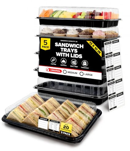 ebake 5er-Set Serviertabletts – 34 x 24 x 7,5 cm Servierplatte mit Deckel für buffet Zubehör Partys und Catering, Einweg Inklusive Sticker-Etiketten