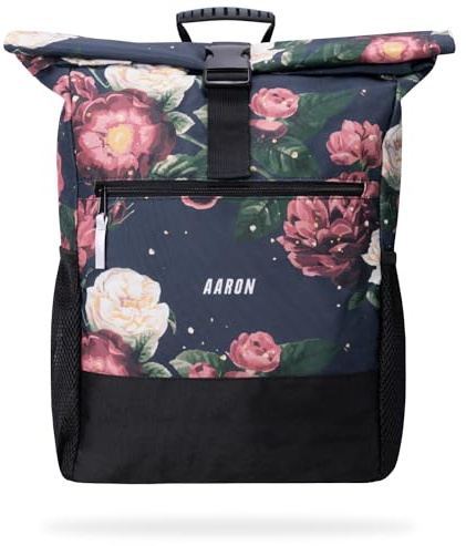 AARON Rolltop Rucksack Damen und Herren, mit Laptopfach, inkl. AirTag Halter, Daypacks, Rollrucksack aus recycletem PET für UNI, Reisen, Alltag, Rolltop Backpack in schwarz und Blumen