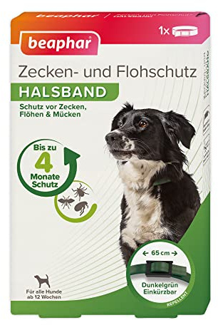 BEAPHAR - Zecken- und Flohschutz Halsband für Hunde ab 12 Wochen - Repellent - 4 Monate Schutz vor Zecken, Flöhen und Mücken - Regenfest - Verstellbar - Bandlänge 65 cm - Dunkelgrün
