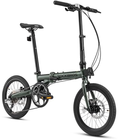 ROCKBROS Faltrad Klapprad 16 Zoll Aluminium, 9 Gang Schaltung, Scheibenbremse, Unisex Herren Damen, Faltbares Fahrrad Folding Bike Klappfahrrad Grün