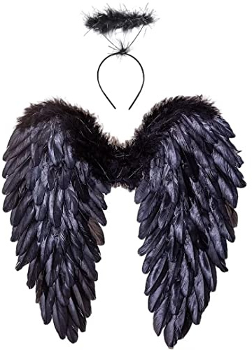 Winwild Engelsflügel mit Heiligenschein,Engel und Teufel Flügel Kostüm für Damen und Mädchen Kinder für Halloween Karneval Cosplay Party Fasching Kostümparty Verkleidung(Schwarz,45 x 45 cm)