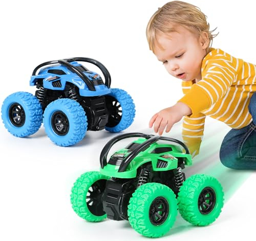 GUIGUZHJ Monstertruck Spielzeugauto, 2 Stück Monster Truck Aufziehauto Kinder Spielzeug, Reibung Zurückziehen, 360° Drehung Trägheit Fahrzeug, Auto Spielzeug für Baby Kinder ab 3 Jahre (Grün & Blau)