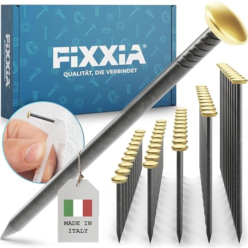 FIXXIA 50 Stahlnägel mit goldfarbenen Kopf gemischte Längen 20/25/30/40/50mm, Bildernägel, Nägel zum Bilder aufhängen, Bildaufhänger, Betonnägel, Aufhänger für Bilder (inkl. Einschlaghilfe)