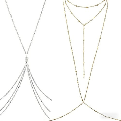 XUBX 2 Stück Damen Sexy Körperkette, Kreuz Körper Bauch Halskette, Frauen Crossover Körper Halskette Bikini Beach BH Kette, lange, Reizvoller Einfacher Kette Körperzubehör