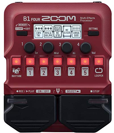 ZOOM B1 FOUR Kompaktes Multi-Effektpedal für Bass | 70 Effekte, Looper, Drum-Machine & Stimmgerät für Live & Recording, Bühne & Studio, rot