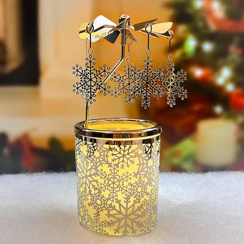 Drehbare Teelichtkarussell Engel rotierende Kerzenhalter drehende Teelichthalter Weihnachtsdekoration für Tischdekoration Geschenk für Mutter Frauen Frau Geburtstag - 15,2 cm hoch (Schneeflocke)…
