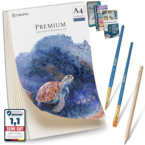 CreaTek Aquarellpapier A4 300 g Einschließlich 2-Stunden-Videokurs 30 Blatt Aquarellblöcke + 2 Pinsel + Bleistift + 400 Malvorlagen - Aquarellfarben Papier