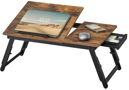 SONGMICS Laptoptisch für Bett, Bambus, MDF, höhenverstellbar, 55 x 34,9 cm | Laptopständer, Frühstückstablett, klappbare Beine, mit Schublade, für Laptops bis 15,6 Zoll, BAMBOU Kollektion LLD105B01