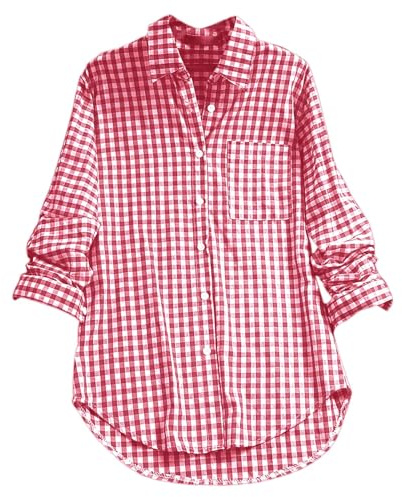 Trachtenbluse Damen Kariert - Rot Weiß Karohemd Trachten Baumwolle Leinen Oktoberfest Bluse Große Größen Trachtenhemd Trachtenmode Knopfleiste Tuniken Hemdbluse A