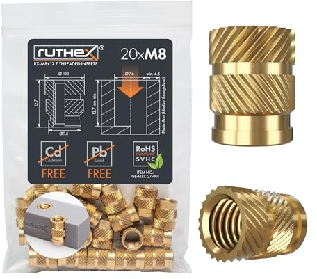 ruthex Gewindeeinsatz M8 – 20 Stk. RX-M8x12.7 BLEIFREIE Gewindebuchse aus Messing – stabile Einschmelzgewinde/Einpressmutter – Einschmelzen von Gewindehülse in 3D-Druckteile aus Kunststoff