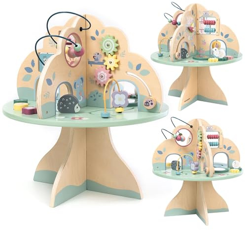 mamabrum Aktivitätstisch Holz für Baby Spielzeug 1 Jahr – Spieltisch für Motorikschleife, Abakus & Lernuhr – Montessori Lernspielzeug aus der Schleife Motorik
