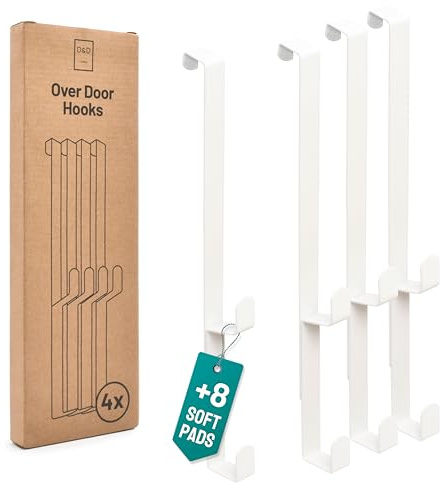 D&D Living® Türhaken zum Einhängen bis 16 mm | 4x Doppel Haken für Türgarderobe | Kleiderhaken für Tür und Schrank (Weiß)