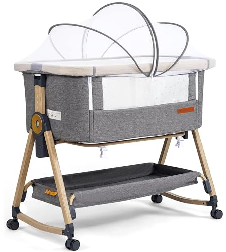 Maydolly 3-in-1 Baby Beistellbett – Vielseitiges Beistellbett, Reisebett & Stubenwagen inklusive Matratze & Moskitonetz – Höhenverstellbar mit Rollen, klappbar und mit Tragetasche – Grau