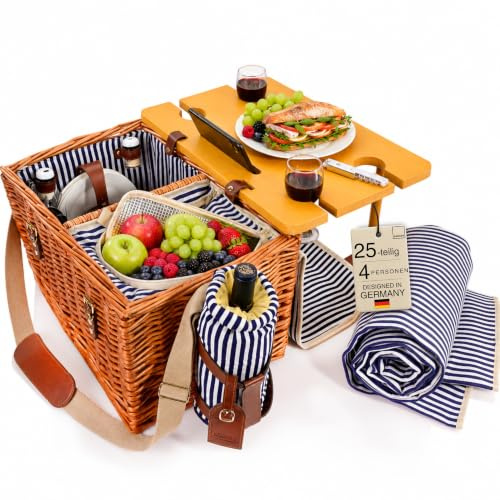 SÄNGER Picknickkorb Borkum für 4 Personen, 25-teilig mit Kühltasche & Tisch | Mit Picknickdecke, Geschirr und Besteck – stilvoller Korb mit Henkel, perfekt als Picnic Basket für Strand, Park und Camping