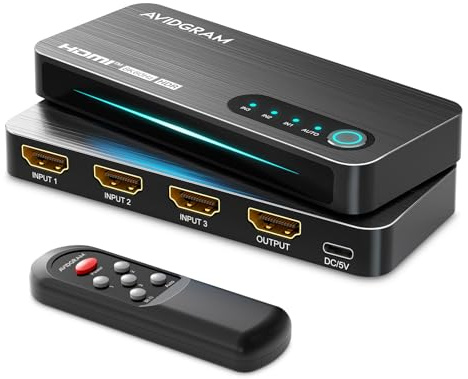 HDMI 2.1 Switch 3x1, AVIDGRAM 8K HDMI Umschalter 3 in 1 Out mit IR Fernbedienung, HDMISwitcher 4K 120Hz Auto Unterstützung 8K 48Gbps