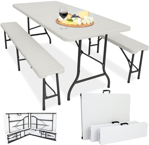 Devillo® Bierzeltgarnitur klappbar 3‑teilig – Tisch 180x74x72 cm + 2 Bänke 180x25x43 cm – Campingtisch, wetterfest & pflegeleicht, Anti‑Rutsch – mit Tragegriffen – für Camping, Garten – Weiß