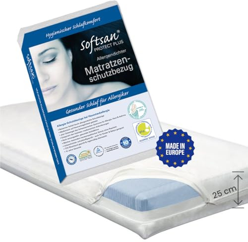 Softsan Protect Plus Matratzenbezug milbendicht 90x200x25 cm, Höhe 25 cm, Encasing, Milbenschutz für Hausstauballergiker milbenkotdicht Weiß