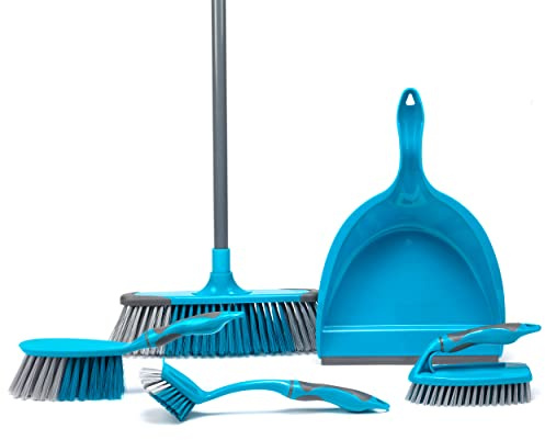 Beldray 5-teiliges Kehrschaufel Set, Reinigungsset, Besen mit weichen Borsten, Kehrschaufel, Bürste, Schrubber und Spülbürste, Reinigungsutensilien, Frühjahrsputzset, Kehren, weiche Griffe, türkis