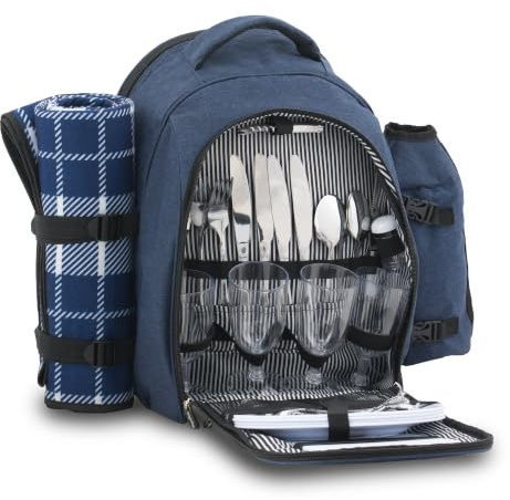 CampFeuer Picknickrucksack 32-teilig | Picknickset für 4 Personen | Blau | mit Flaschenhalter, Picknickdecke, Kühlfach und Campinggeschirr | Freizeitrucksack, Campingrucksack