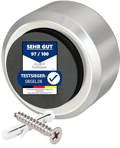 PLURI - Premium Türstopper Wand Edelstahl [1er Set] - GRATIS Befestigungsmaterial, Wandmontage mit Schrauben & Dübeln – Gummi-Puffer schützt Türgriff, Türklinke und Wand
