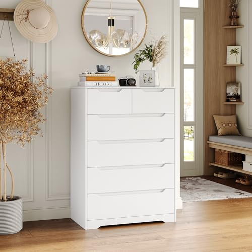 HOCSOK Kommode Weiß mit 6 schubladen, Viel Stauraum | Sideboard für Schlafzimmer, Wohnzimmer, Flur, Arbeitszimmer, Kein Griff, 110.5 x 70 x 40 cm