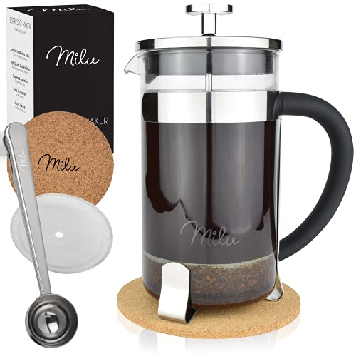 Milu French Press Kaffeebereiter | 350ml, 600ml, 1L | Glas Kaffeepresse, Kaffeezubereiter für Zuhause Reisen Camping inkl. Untersetzer, Löffel, Ersatzfilter (Edelstahl, 1000ml (5 Tassen)