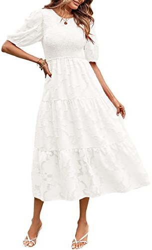 MEROKEETY Sommerkleid für Damen 2025, Puffärmel, gesmoktes Blumenmuster, Rundhalsausschnitt, Spitze, fließend, gestuft, Midi-Kleider