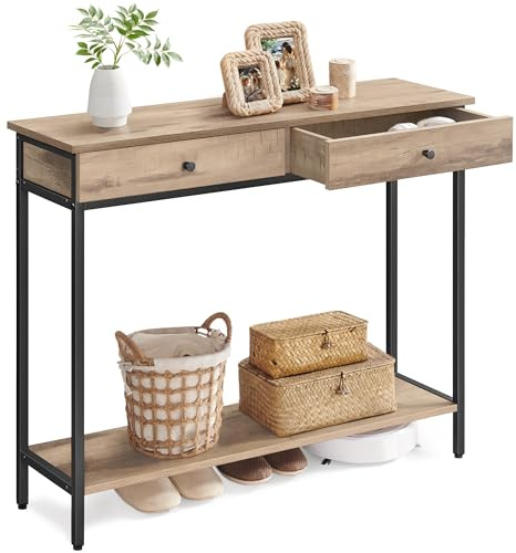 VASAGLE Konsolentisch, Flurtisch, Beistelltisch, Sofatisch mit 2 Schubladen, Stahlgestell, Flur, Wohnzimmer, Industrie-Design, Kamelbraun-tintenschwarz LNT015W01