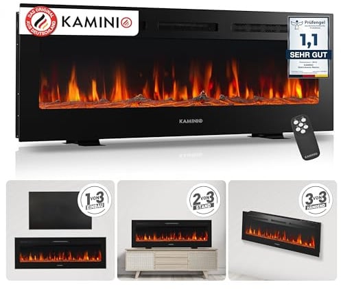 KAMINIO Elektrokamin Marlon - Elektrischer 3-in-1 Kamin mit Heizung, 3D-Flammeneffekt, 12 Flammenfarben, Fernbedienung (50 Zoll)
