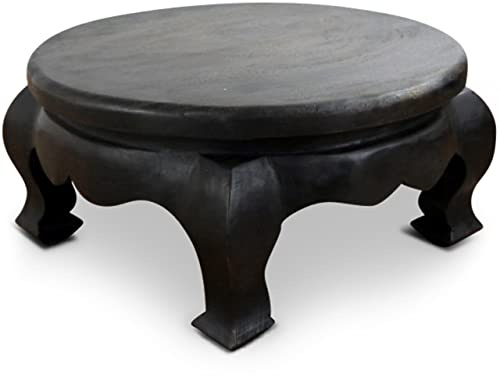 livasia Opiumtisch aus Massivholz – Ø50cm, 24cm hoch – Handgeschnitzter Beistelltisch Holz aus Thailand, Nachhaltig, Robust und Ästhetisch, Setzt Dekorative Akzente als Sofatisch (Schwarz)