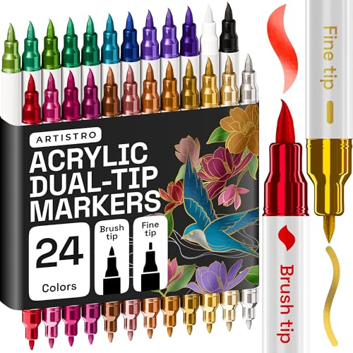 Artistro 24 Metallic-Acrylstifte Dual-Tip Brush+Fein für Stein & Stoff | Wasserbasierte Acrylmarker für alle Oberflächen, schnell trocknend & geruchsarm, zum Bemalen & Basteln, Kreativ-Geschenk