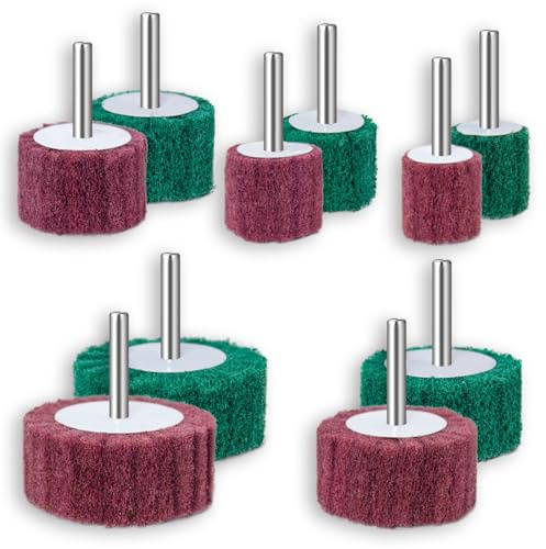 FEIHU 10-teilige Schleifscheiben, Schleifmop-Set Größen: 60/50/40/30/25mm | Vlies-Schleifscheiben zum Reinigen und Entfernen von Farbe und Oxid, Fächerschleifer Schaftdurchmesser: 6 mm