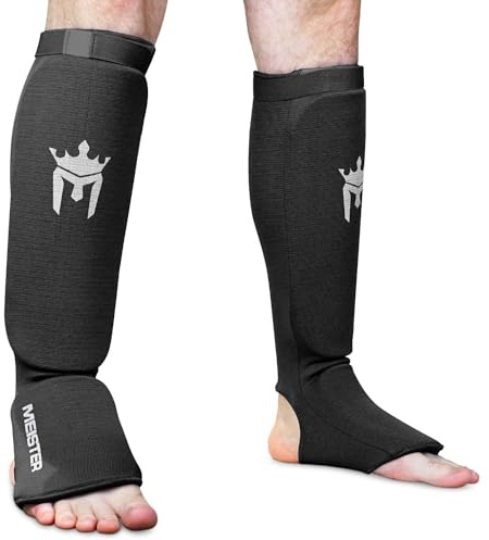 Meister MMA Elastische Gepolsterte Stoff Schienbein- & Spannschoner (Paar) – Schwarz – Klein / Mittel