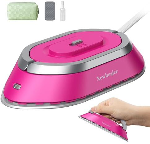 Newbealer Mini Reisebügeleisen mit umschaltbarer Spannung 220V/120V, Kompaktes Bügeleisen für Kleidung (kein Dampf), Keramikfläche, 150 °C Heißpress mit Sprühflasche, und Silikonständer, Knallpink