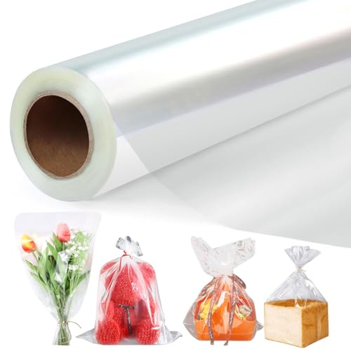 GIBOHOM 86 CM x 30 M Klare Cellophanfolie Rolle, 3 Mil Dicke Cellophan Geschenkfolie Transparent für Geschenkkörbe, Klarsichtfolien Packpapier für Blume, Geschenk Baskt Verpackung, Leckereien Wrap