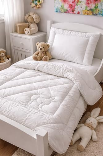 Merino Wool - Merino Woll Kindersteppbett-Set Basic, Standard 100 by Oeko-TEX, Baby Babybetten Set, medium Ganzjahresbettdecke Bettdecke und Flachkissen Kopfkissen (140 x 100 cm + Kissen 40/60cm)