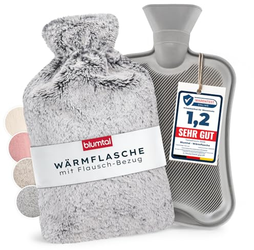 Blumtal Premium Wärmflasche mit Bezug flauschig - Wärmeflasche aus verwendungssicherem Naturkautschuk mit Flauschbezug - auslaufsichere Bettflasche + Innenfutter - beruhigende Hot Water Bottle Grau