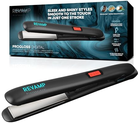 REVAMP Glätteisen zum Locken & Glätten 80-235°C - Professioneller Haarglätter mit Keramikbeschichtung, Ionenplatten für weniger Frizz, 3m Kabel, LCD-Display, Pflegende Öle zum Haarschutz (Schwarz)