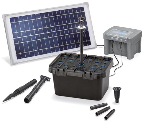 esotec Solar Teichfilter 15/500 LED proBatt mit Akku Komplettset 101058 | 15Wp Solarmodul, 500l/h Pumpe, AGM 12V/7Ah Akku, bis1000l, LED-Lichtring, Timerfunktion, Durchflussregler, Unterwasserfilter
