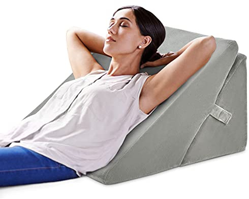 GOPLUS Keilkissen für Bett Lesekissen Bücherkissen zum Relaxen, Memory Foam Bezug Waschbar, Beinkissen Rückenkissen Ergonomisch mit Griff Venenkissen Relaxkissen für Couch Sofa, 54x32x50,5 cm(Grau)