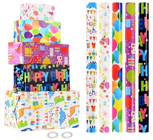 CHEPULA Geschenkpapier Geburtstag Kinder 5 Rolle, 43 x 300 cm Geschenkpapierrollen Jungen, Recycelbar Geschenk Papier Erwachsene, Birthday Gift Wrapping Paper für alle Geburtstagsanlässe