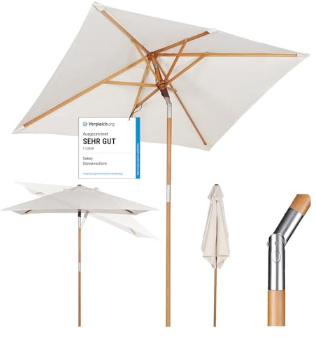 Sekey 200 × 150 cm Rechteckig Holz Sonnenschirm Marktschirm Gartenschirm Terrassenschirm Balkonschirm mit knickbar UV50+ Creme