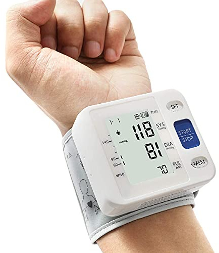 Automatisches Blutdruckmessgerät fürs Handgelenk:verstellbare Manschette+2 AAA-Batterien und Aufbewahrungstasche–Unregelmäßiger Herzschlag-Detektor&99 Mess-Memory-Funktion&großer LCD-Bildschirm,Weiß