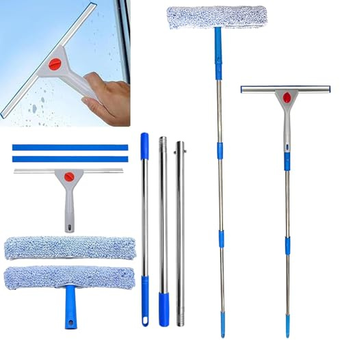 Fensterreiniger mit Teleskopstiel Langer Griff Profi Fensterreinigungs-Set mit 2X Silikon Fensterwaschabzieher, 2X Schrubber Kombi-Set Fensterabzieher Fensterwischer Fensterputz Dachfenster Reinigung