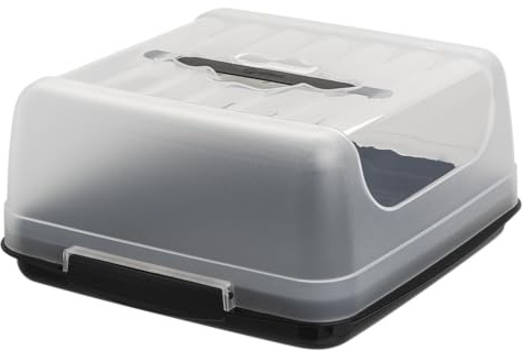 Engelland - Kleine recht-eckige Kuchen-Transportbox mit Griff, Deckel und 2-fach Klick-Verschluss, Farbe: Schwarz/Transparent, L 27,5 cm x B 26,5 x H 12,5 cm, BPA-frei, Torten-haube, quadratisch