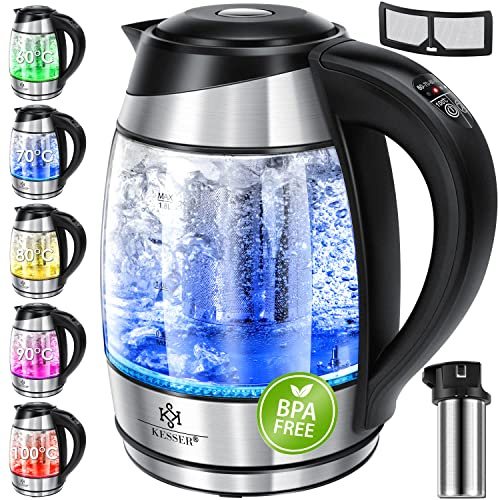 KESSER® Wasserkocher 1,8L Edelstahl mit LED Beleuchtung-Farbe je nach Temperaturwahl 60, 70, 80, 90, 100 °C | Glaswasserkocher, Platzsparend, Warmhaltefunktion inkl. Teesieb-Einsatz und Kalk-Filter