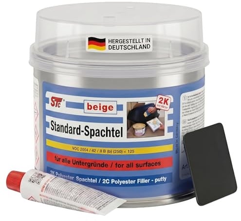 STC 2K Spachtelmasse – Polyester Füllspachtel in beige für Auto Karosserie – inkl. Härter & Spachtelblatt – vielseitiger Feinspachtel Kfz für Reparatur, Glätten & Ausgleichen von Oberflächen – 1 kg