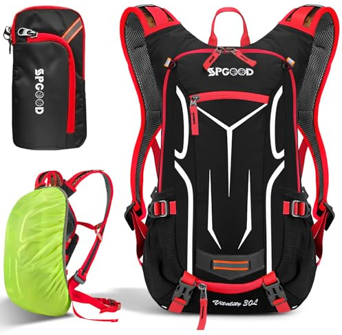 SPGOOD Fahrradrucksack 20L/25L/30L (9 Farben)-Wasserdichter Ultraleicht-für Damen & Herren Multifunktionaler-mit Regenschutzkappe/Helmabdeckung Rucksäcke MTB Mountainbike (Rot Schwarz, 30L)